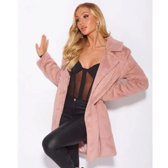 Pink Faux Fur Long Sleeve Lapel Collar Loose Fit Oversized Coat - Picture 16 of 17